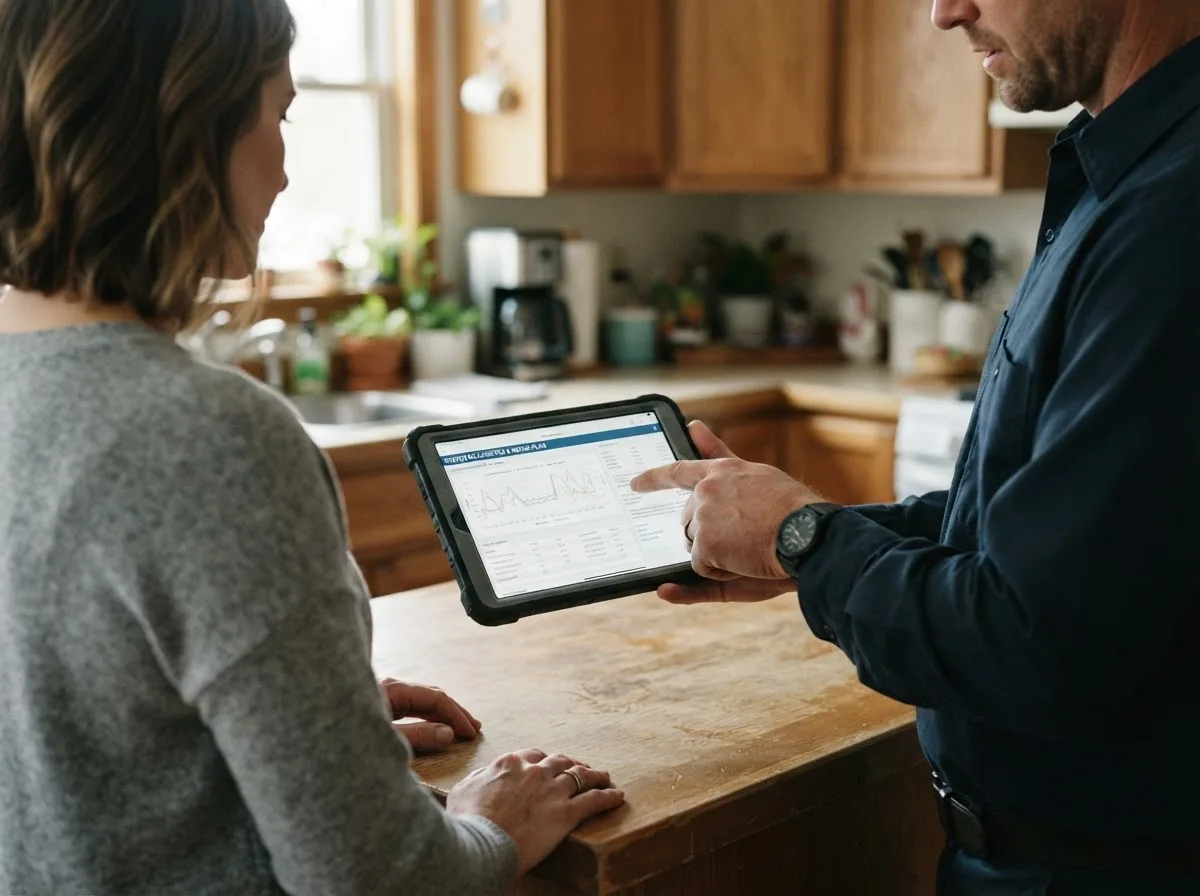 HVAC technician inspecting a heating & cooling system in Breezewood, PA